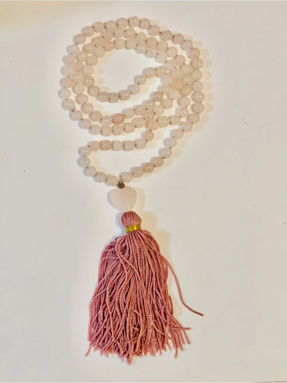 Pink Rose Quartz gemstone mala necklace 108 beads meditation prayer Yoga